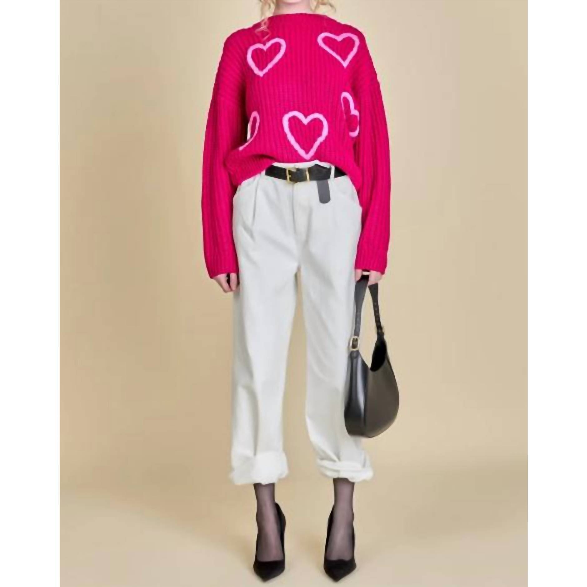 New English Factory Heart Embroidery Knit Top In Fuchsia/Pink